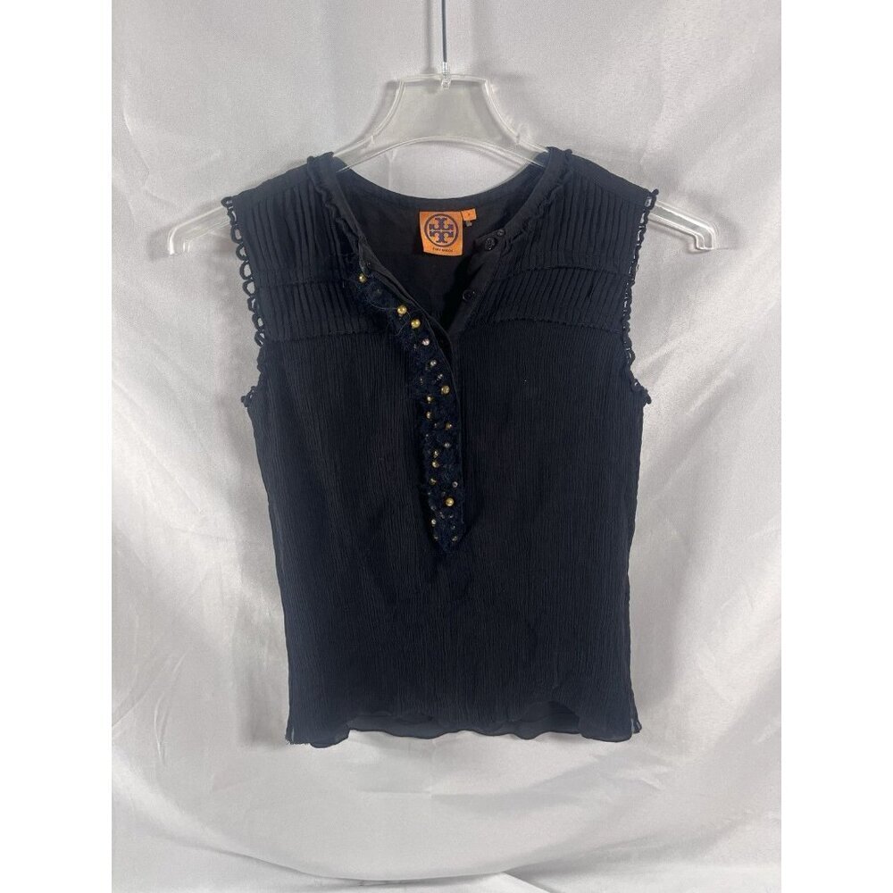 Tory Burch Women Sheer Lined Silk Beaded Sleeveless Blouse Top Black Size 2
